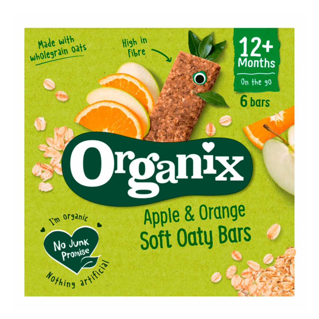 Batoane Bio din ovaz integral cu mere si portocale, +12 luni, 6 batoane x 23 g, Organix