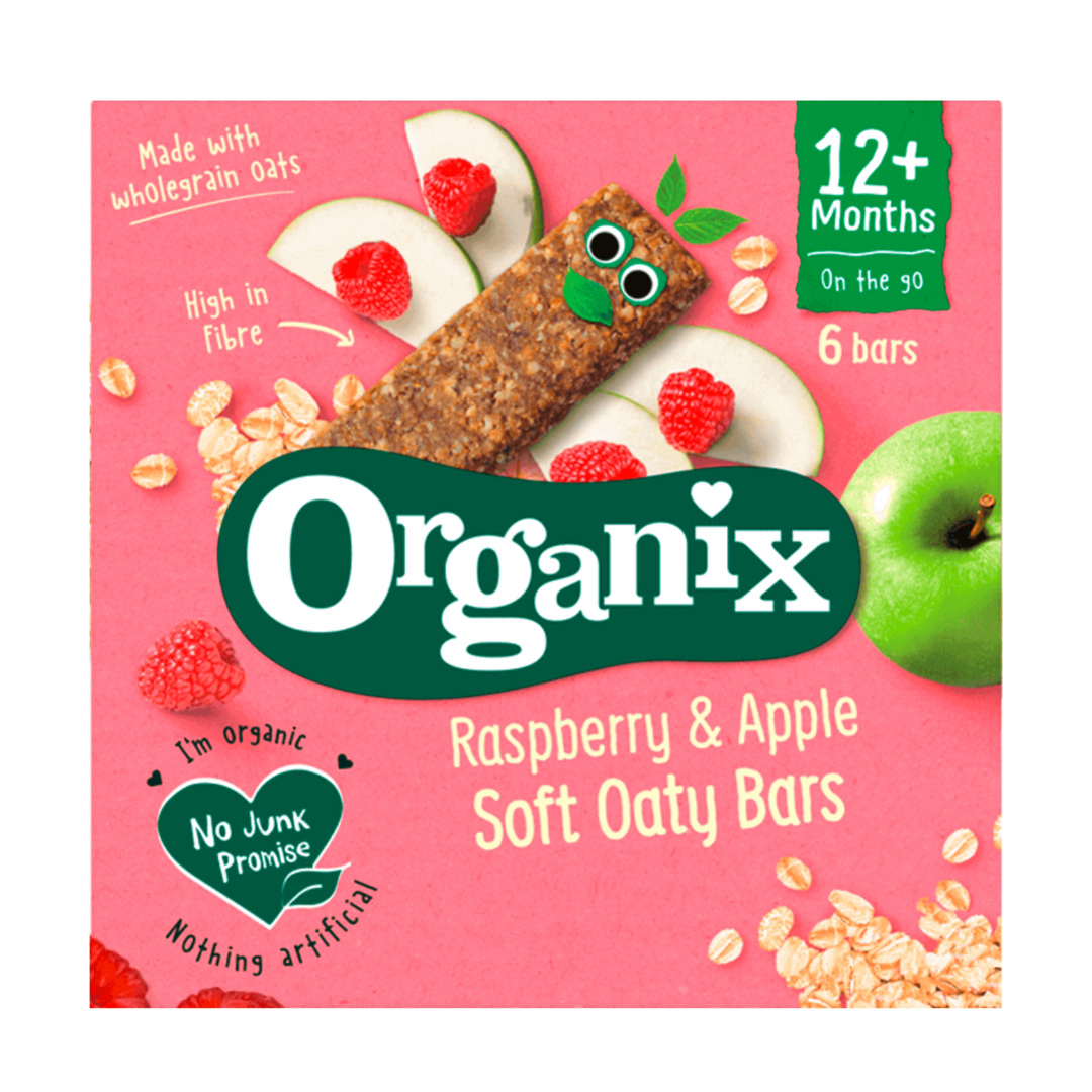 Batoane Bio din ovaz integral cu mere si zmeura, + 12 luni, 6 batoane x 23 g, Organix