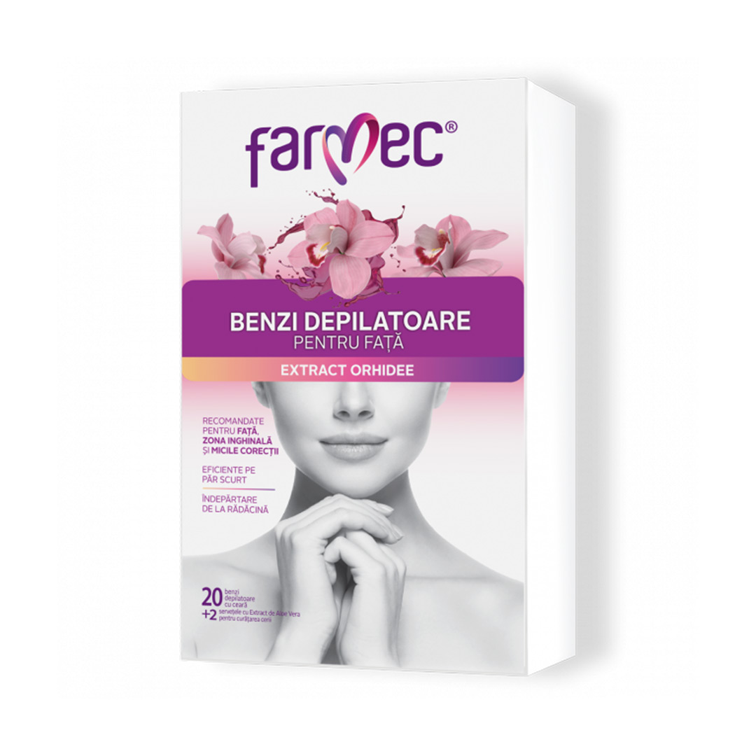 Benzi Depilatoare pentru Fata si Zone Delicate cu Extract de Orhidee, 20 benzi, Farmec