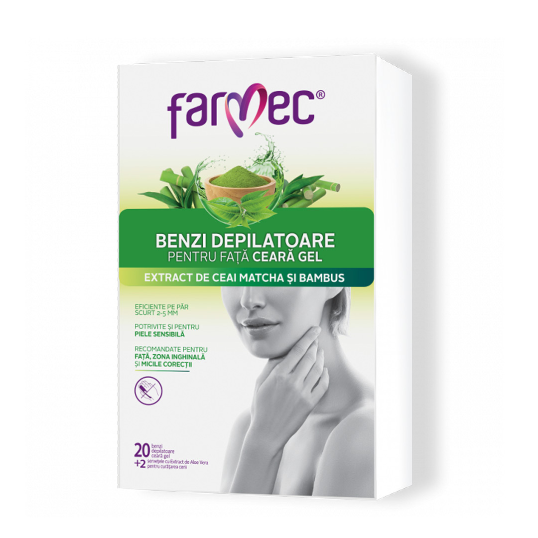 Benzi Depilatoare pentru Fata cu Ceara Gel, Extract de Bambus si Matcha, 20 bucati, Farmec