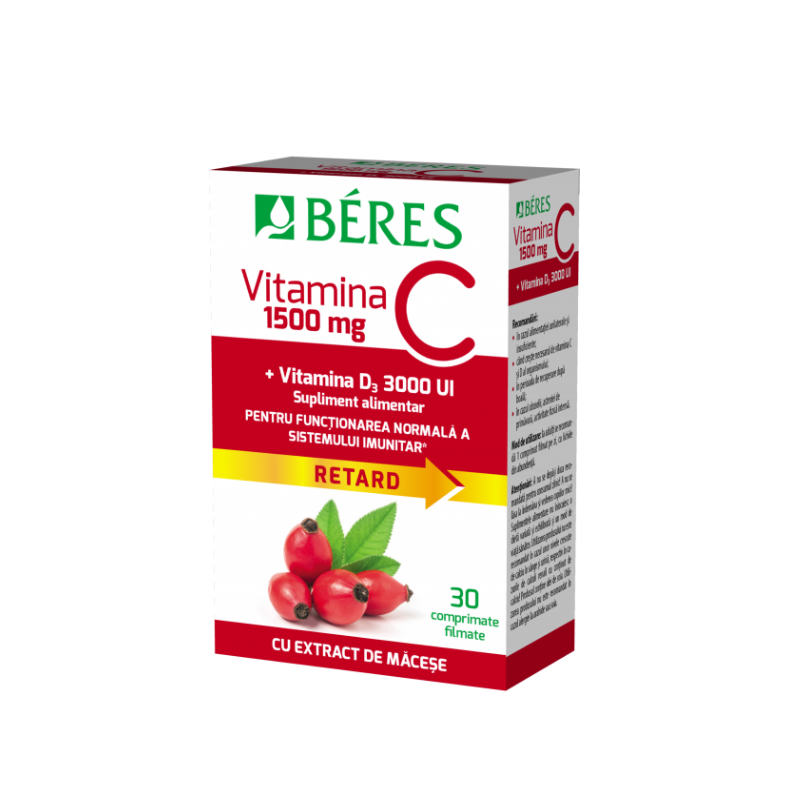 Vitamina C 1500 mg comprimat filmat RETARD + Vitamina D3 3000 UI, 30 comprimate, Beres