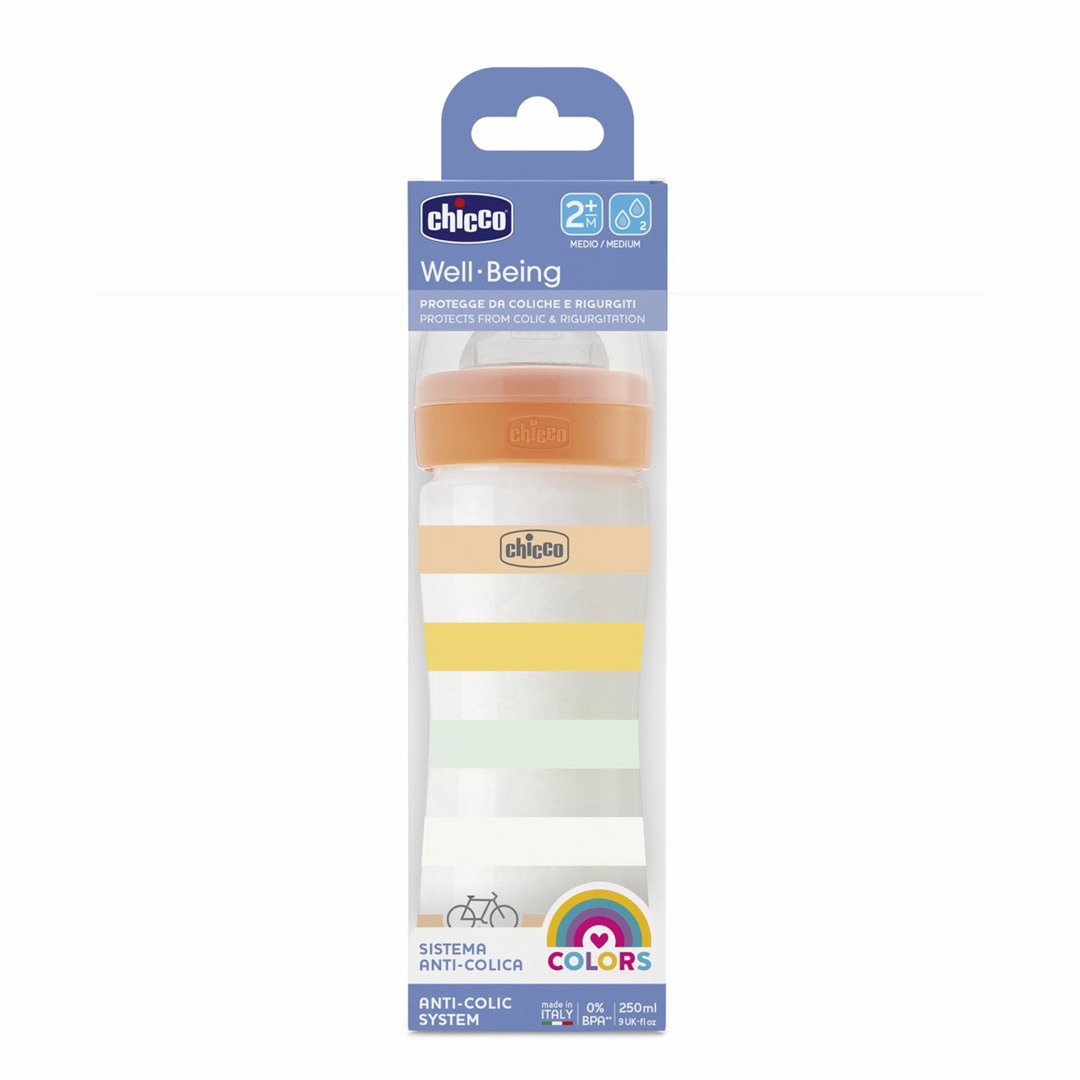 Biberon cu tetina silicon, flux mediu WellBeing PP, +2 luni, Orange, 250 ml, Chicco