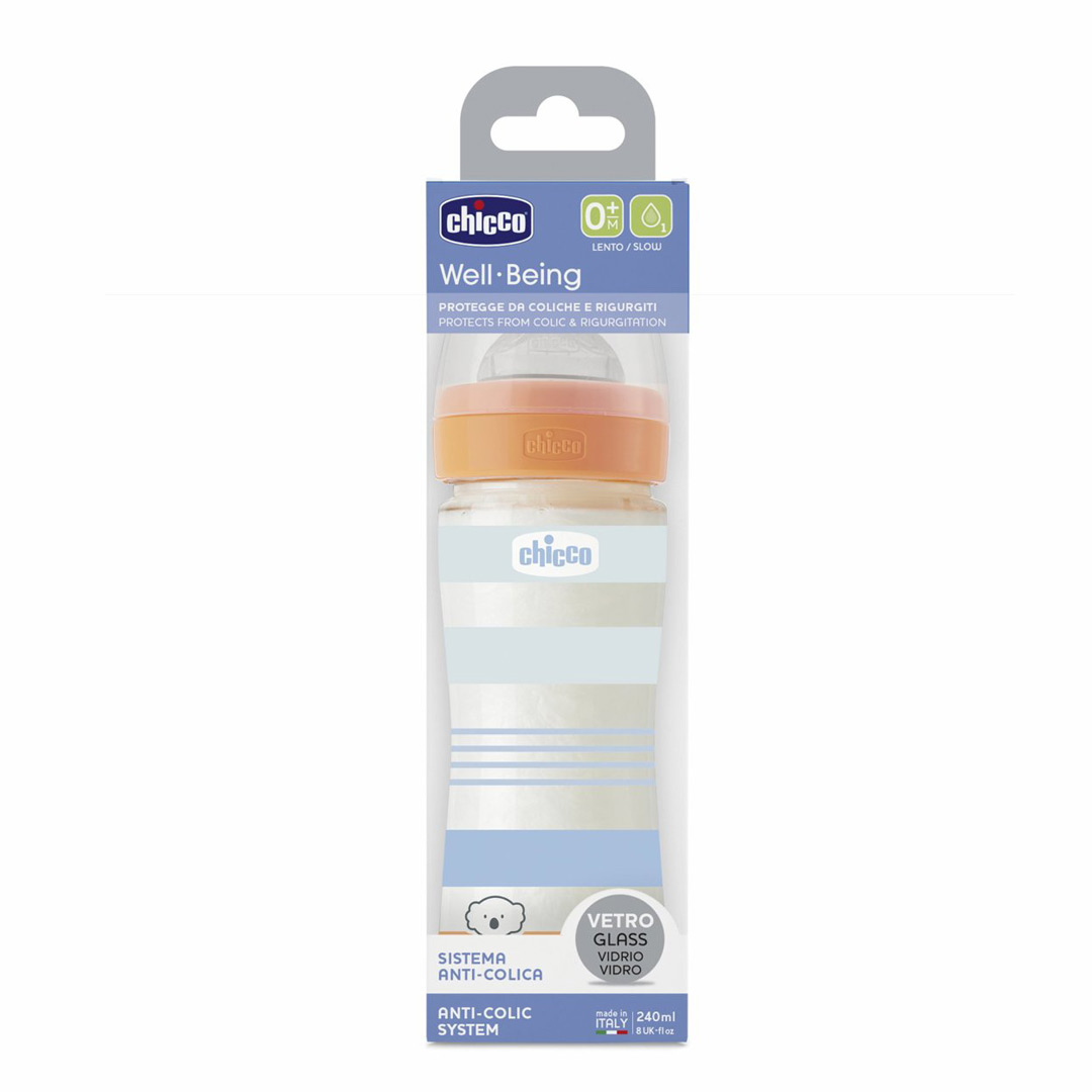 Biberon din sticla cu tetina Flux mediu WellBeing, +0 luni, 240 ml, Chicco