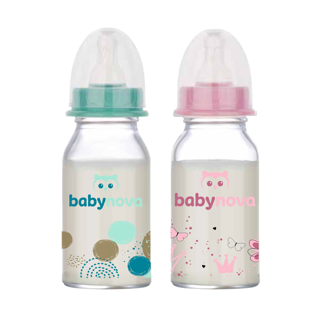 Biberon din sticla decorat, 0-24 luni, 120 ml, BabyNova