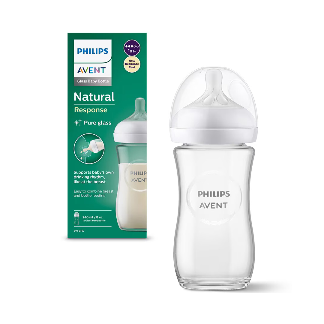 Biberon din sticla Philips Avent Natural Response SCY933/01, 240 ml, tetina care functioneaza ca sanul mamei, cu debit 3, tetina fara scurgeri, +1 luni, fara BPA, usor de curatat