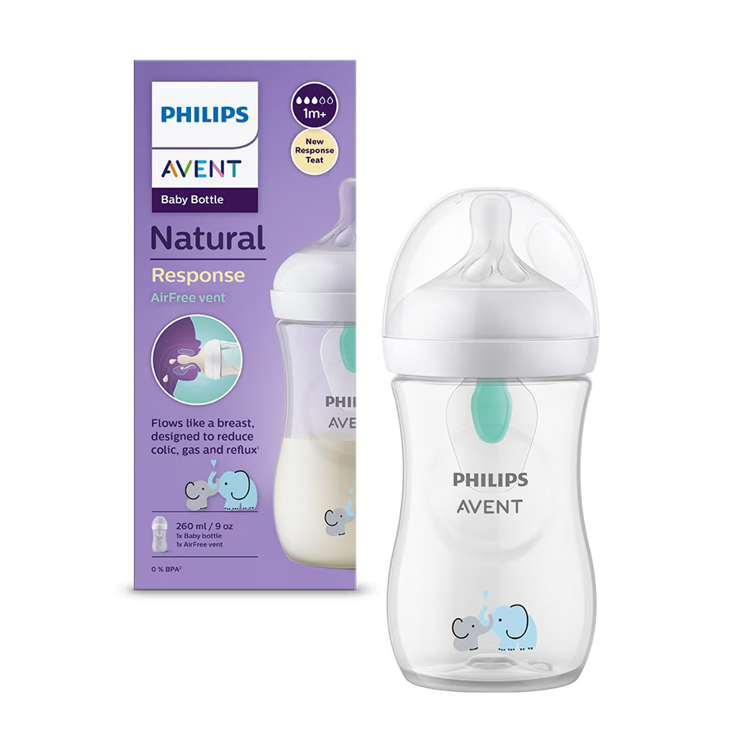 Biberon Philips Avent Natural Response SCY673/81, cu dispozitiv AirFree, tetina care functioneaza ca sanul mamei, cu debit 3, +1 luni, 260 ml