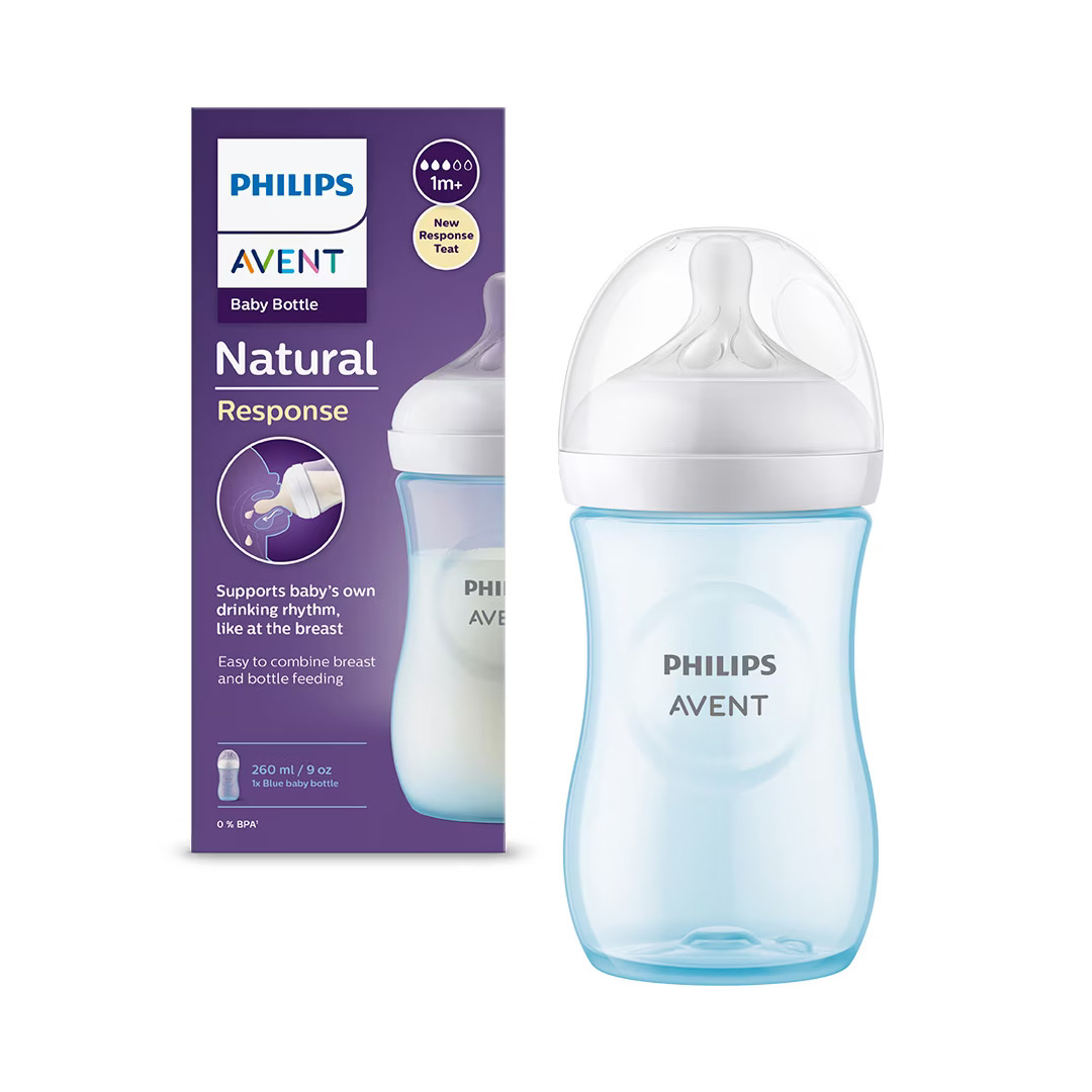 Biberon Philips Avent Natural Response SCY903/21, 260 ml, tetina care functioneaza ca sanul mamei, cu debit 3, tetina fara scurgeri, +1 luni, fara BPA, usor de curatat, bleu
