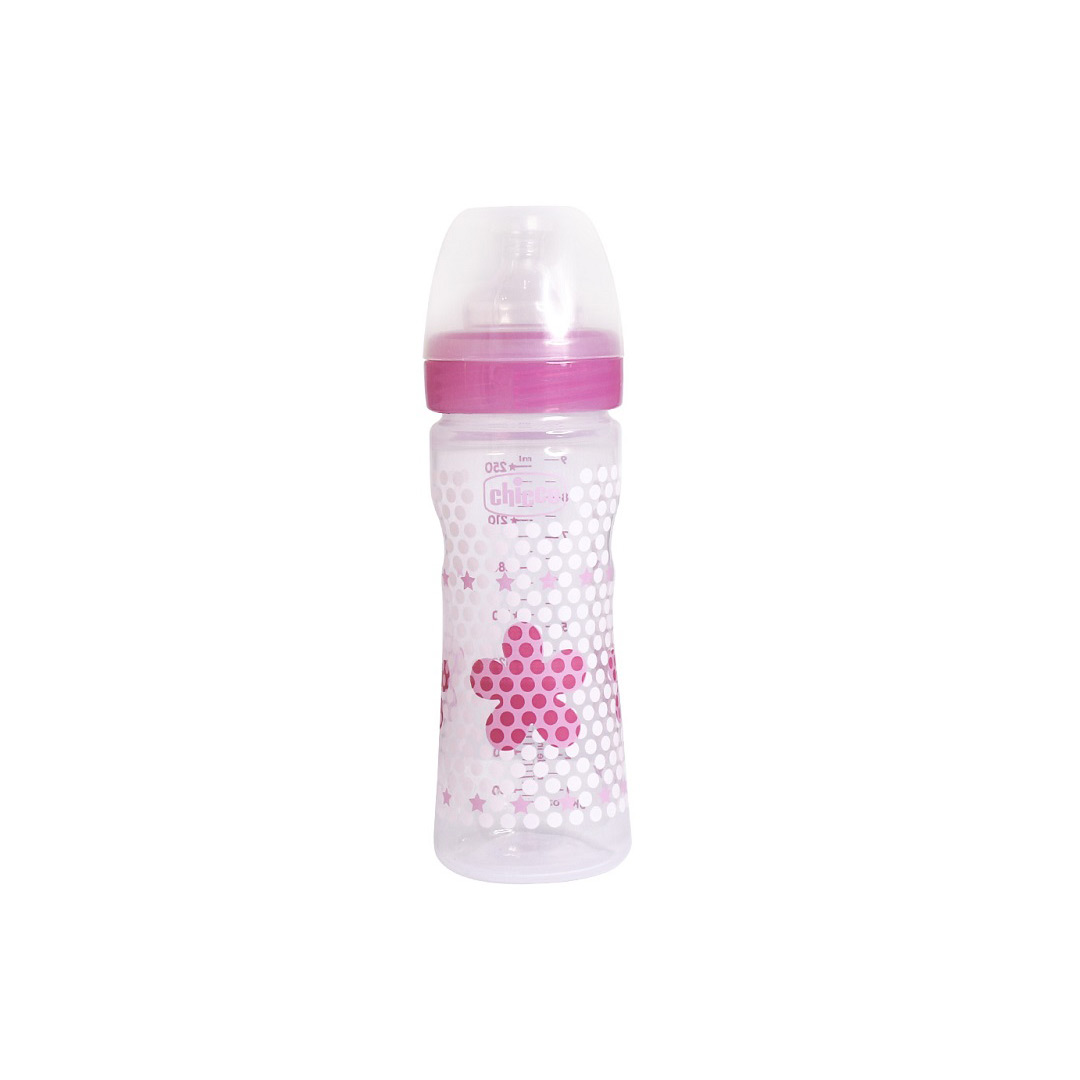 Biberon WellBeing PP cu flux mediu, tetina silicon, 2 luni+, Girl, 250 ml, 2062310, Chicco