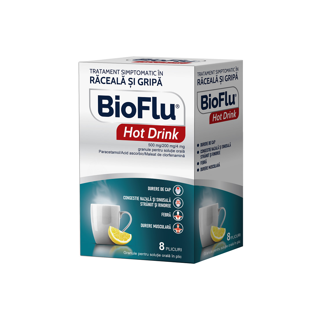 Bioflu Hot Drink, 500 mg/200 mg/4 mg granule pentru solutie orala, 8 plicuri, Biofarm