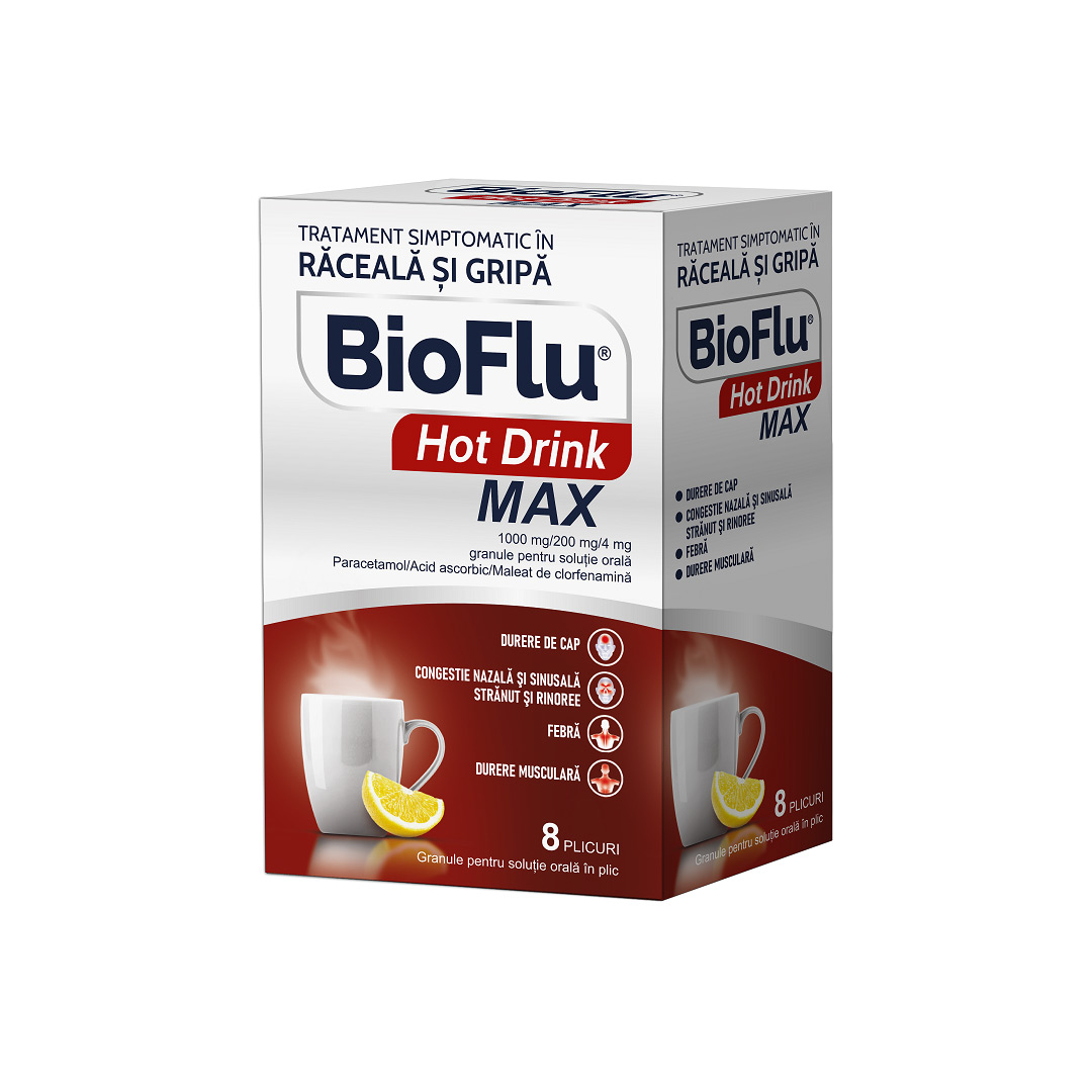Bioflu Hot Drink Max, 1000 mg/200 mg/4 mg granule pentru suspensie orala, 8 plicuri, Biofarm