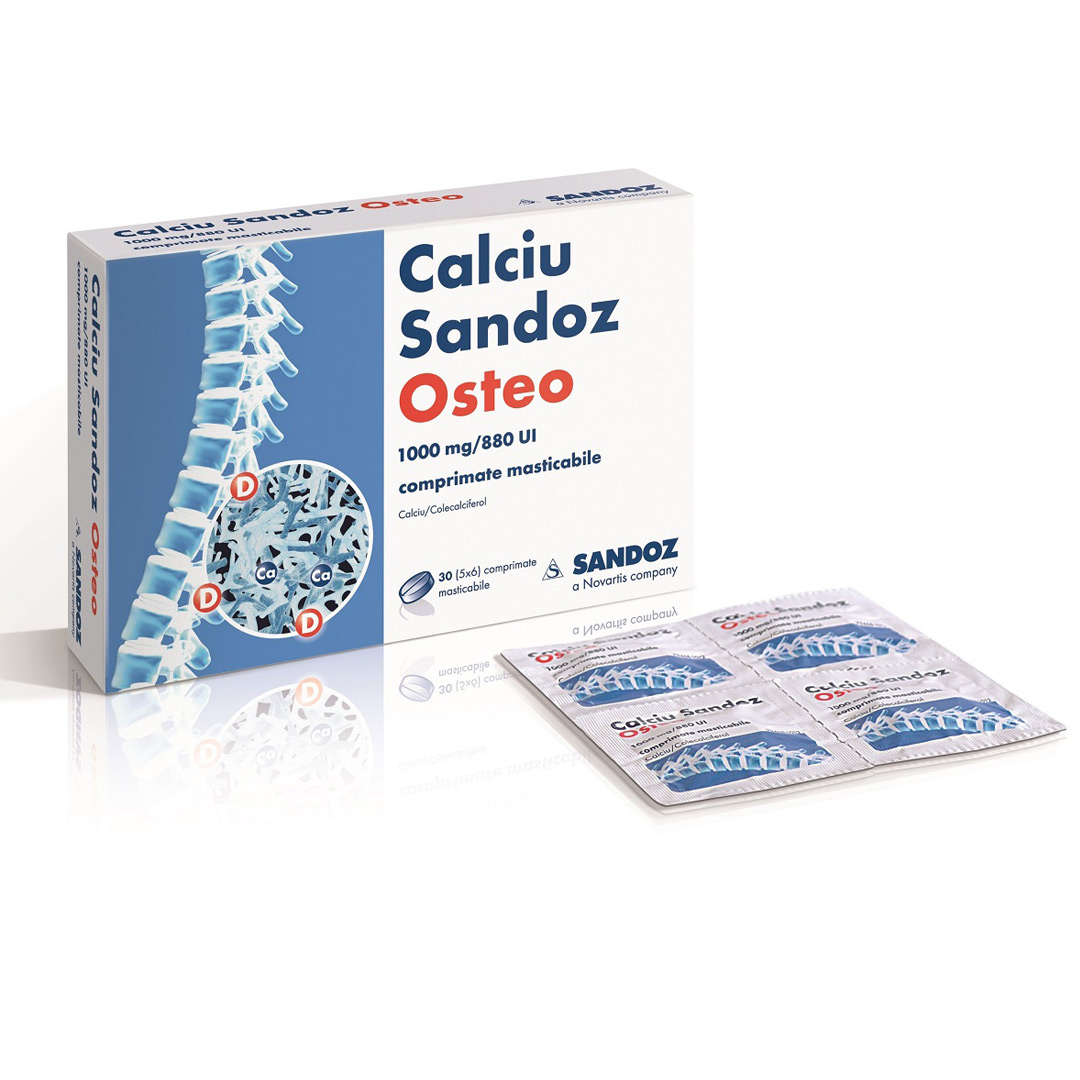 Calciu Sandoz Osteo, 1000 mg/880 UI, 30 comprimate masticabile, Sandoz