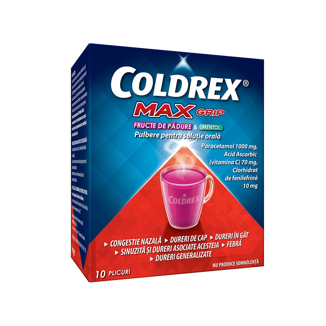 Coldrex Max Grip cu fructe de padure si mentol, 10 plicuri, Perrigo