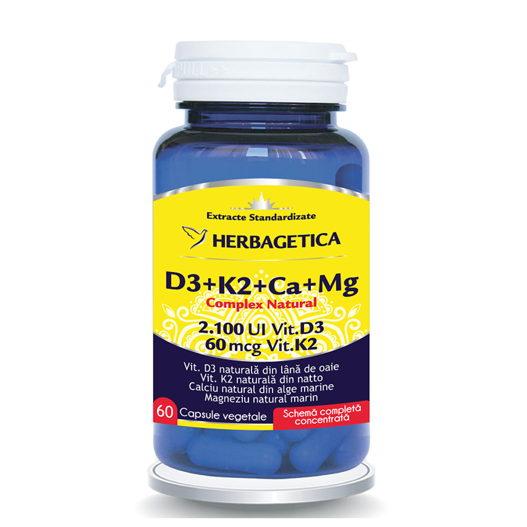 Complex natural D3+K2+Ca+Mg, 60 capsule vegetale, Herbagetica