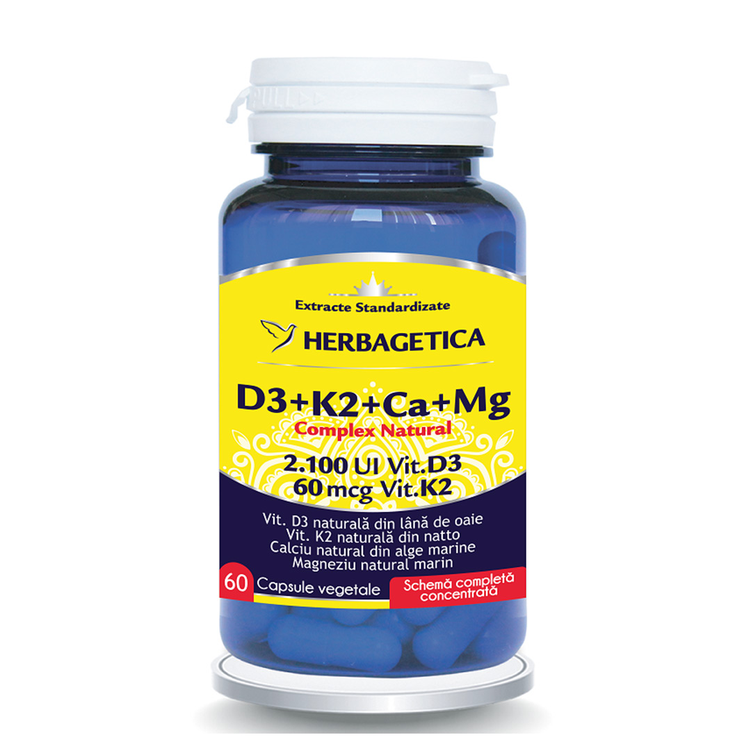 Complex natural D3+K2+Ca+Mg, 60 capsule vegetale, Herbagetica