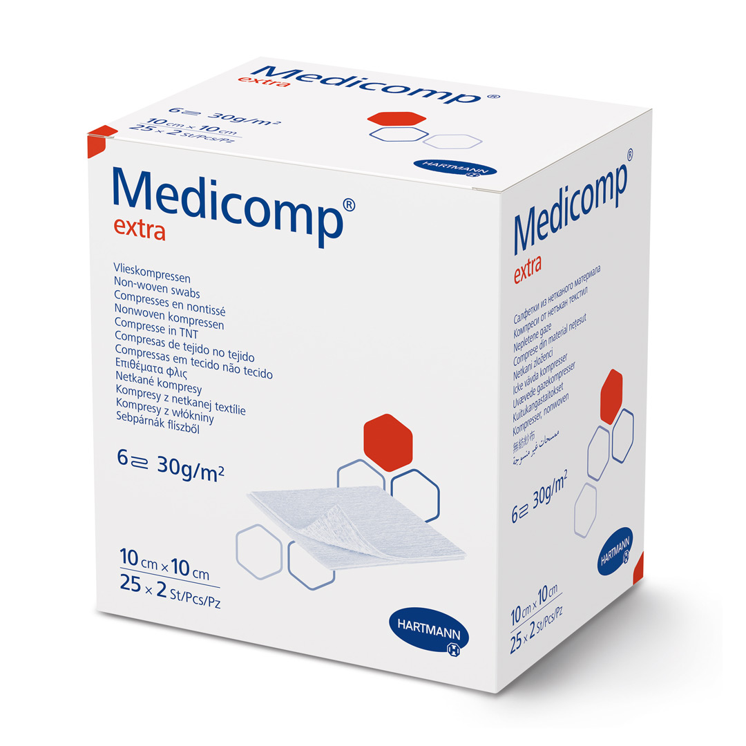 Comprese sterile absorbante din material netesut Medicomp Extra, 10 x 10 cm, 1 cutie/25 bucati, Hartmann