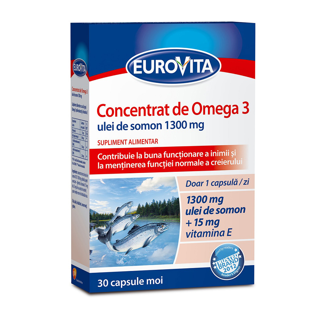 Concentrat de Omega 3 ulei de peste 1300mg Plus Vit D3+E, 30 capsule, Eurovita