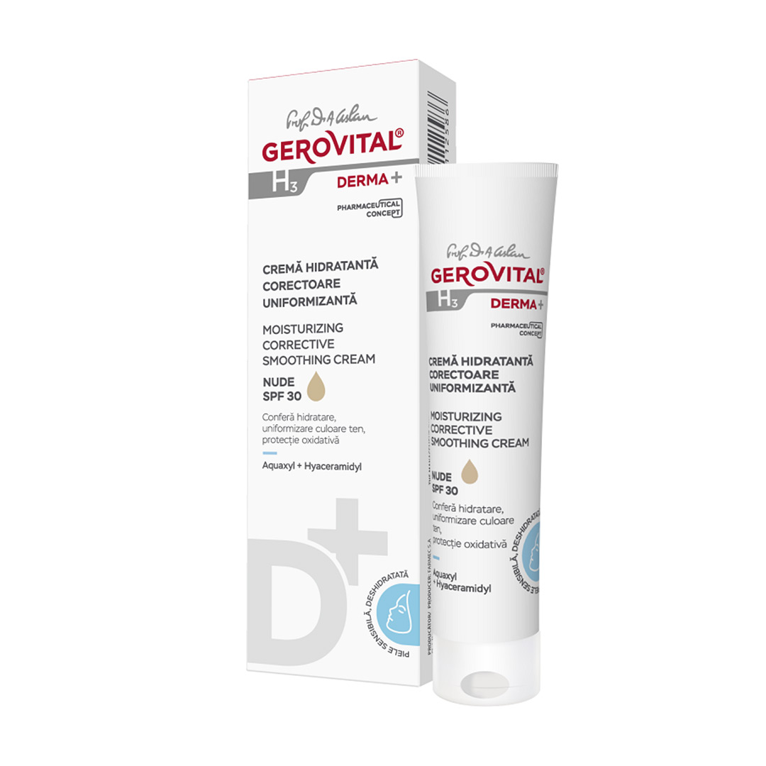 Crema hidratanta corectoare uniformizanta nuanta Nude cu factor de protectie SPF 30 H3 Derma+, 30 ml, Gerovital