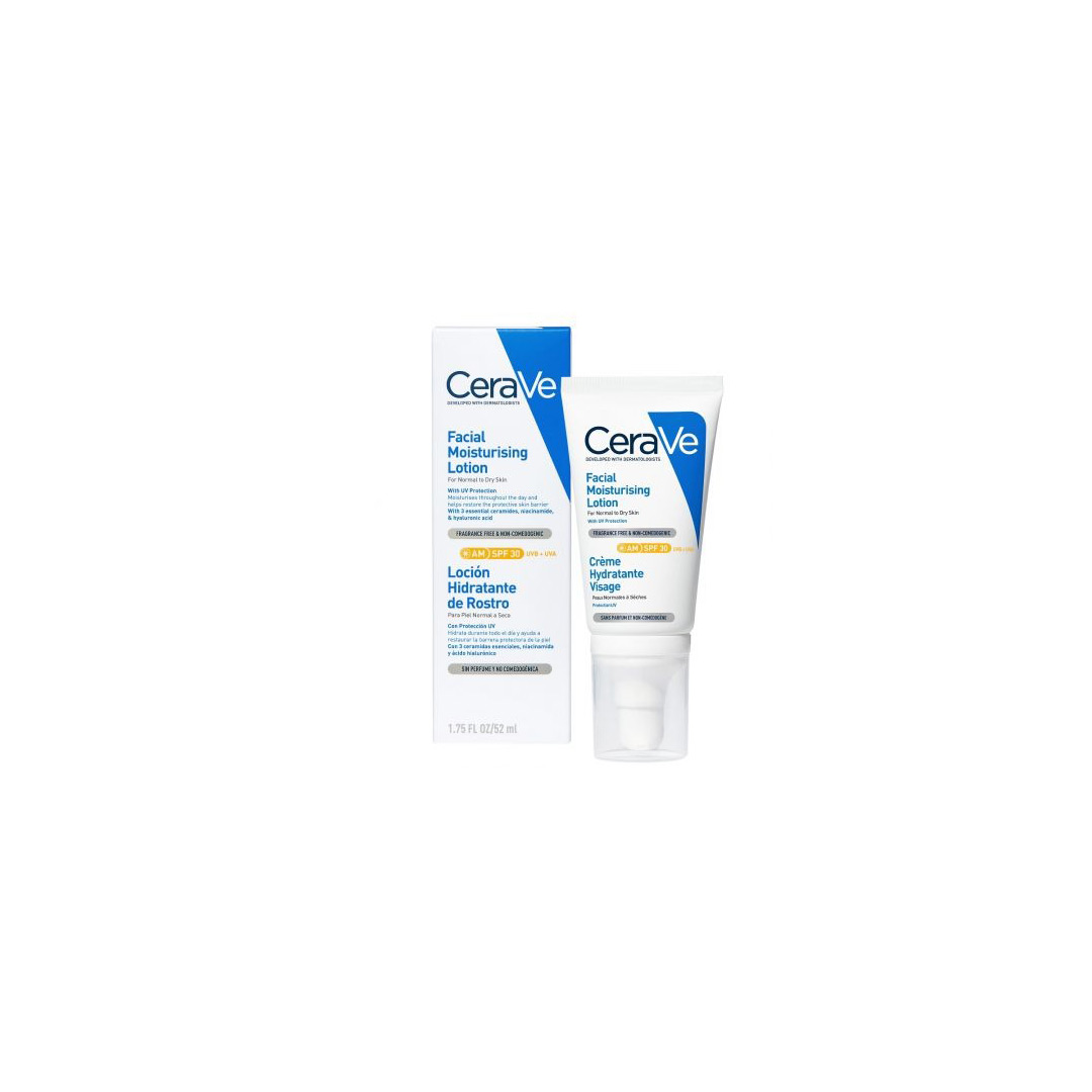 Crema hidratanta de fata cu protectie solara SPF30 si ceramide pentru ten normal-uscat, 52 ml, CeraVe