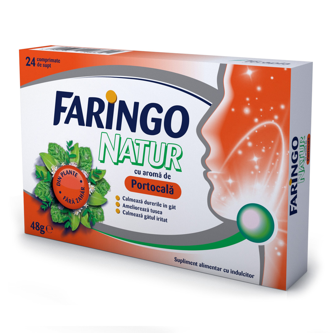 Faringo Natur cu aroma de portocale, 24 comprimate, Terapia