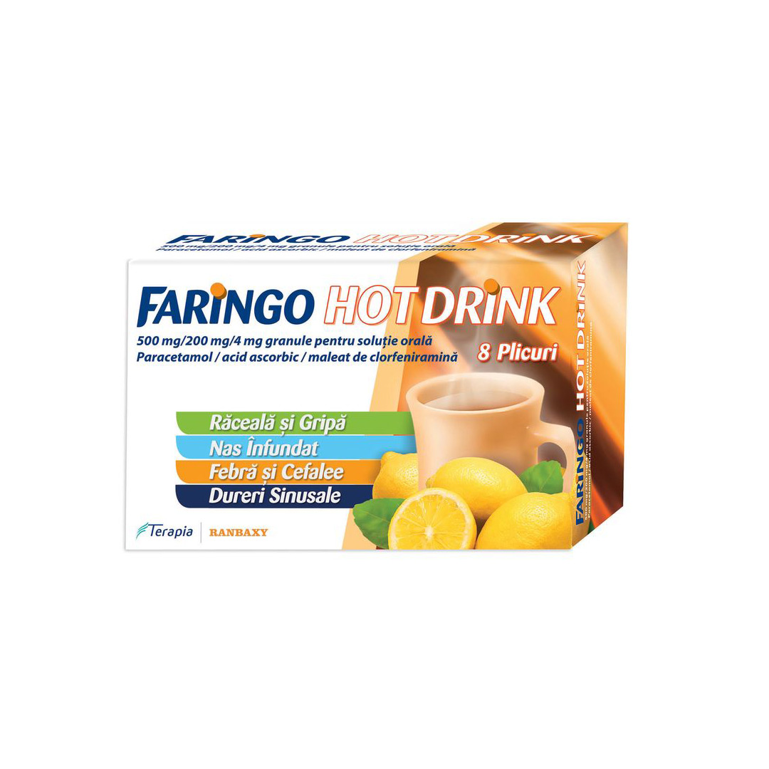 Faringo Hot Drink 500 mg/200 mg/4 mg, 8 plicuri