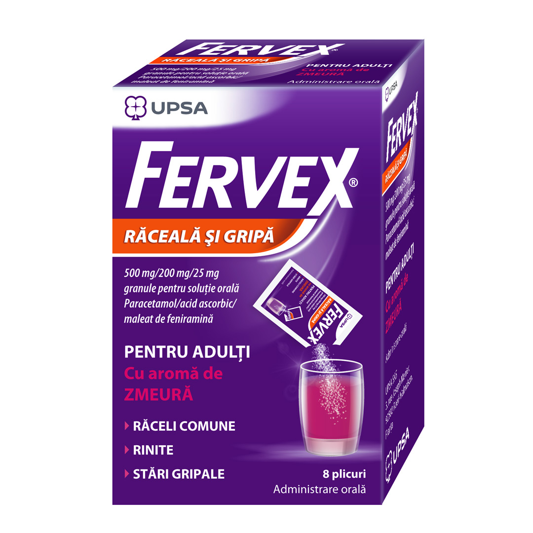 Fervex Raceala si Gripa cu aroma de zmeura, 500mg/200mg/25mg, 8 plicuri, Upsa