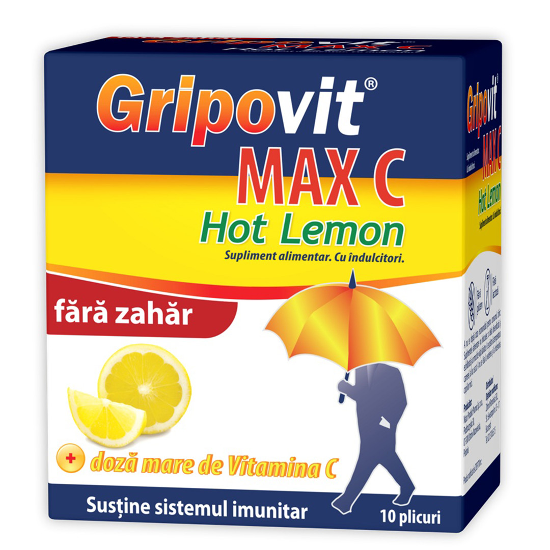Gripovit Max C Hot Lemon fara zahar, 10 plicuri, Zdrovit