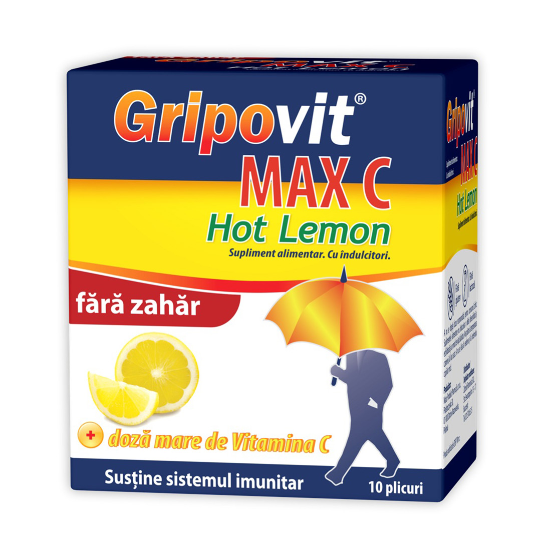 Gripovit Max C Hot Lemon fara zahar, 10 plicuri, Zdrovit