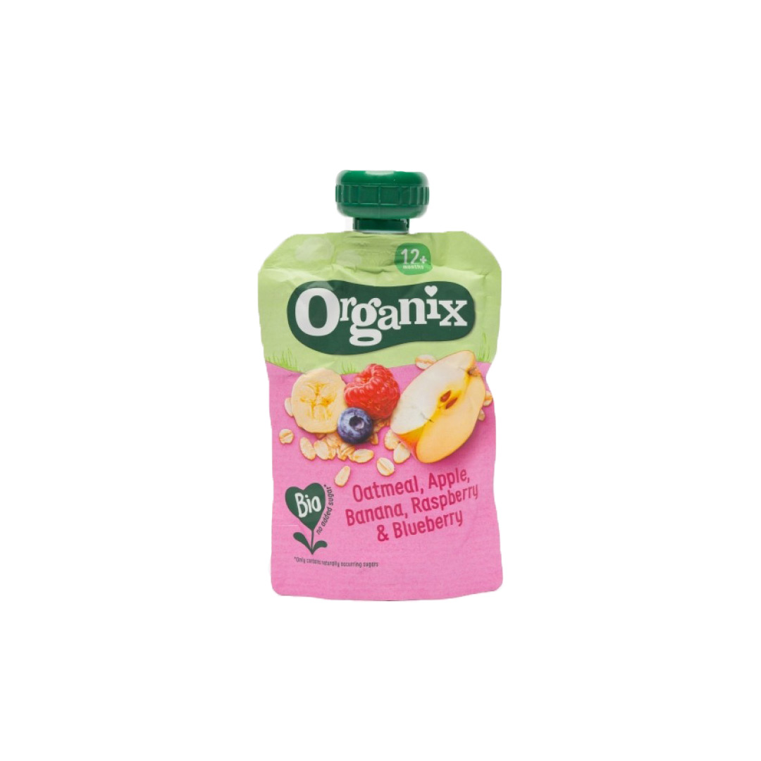 Gustare Ecologica cu ovaz, mere, banane, zmeura si afine12+, 100 g , Organix