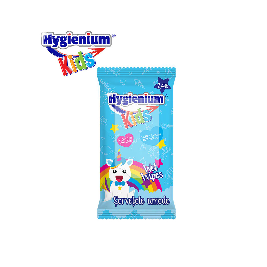 Hygienium Kids Servetele umede maini fara alcool Unicorn Blue, 24 buc