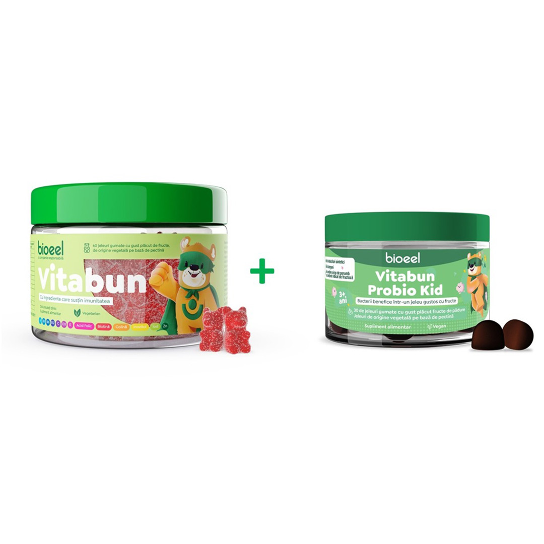 Jeleuri cu multivitamine Vitabun, 60 bucati + Jeleuri cu bacterii benefice Vitabun Probio Kid, 30 bucati, Bioeel
