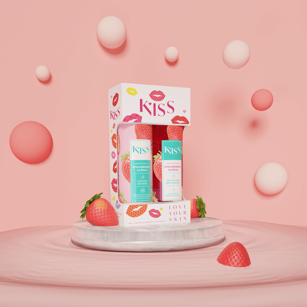 KISS Pachet: 1 x Gel de dus Kiss Strawberries & Cream 250 ml si 1 x Lotiune de corp Kiss Strawberries & Cream 250 ml
