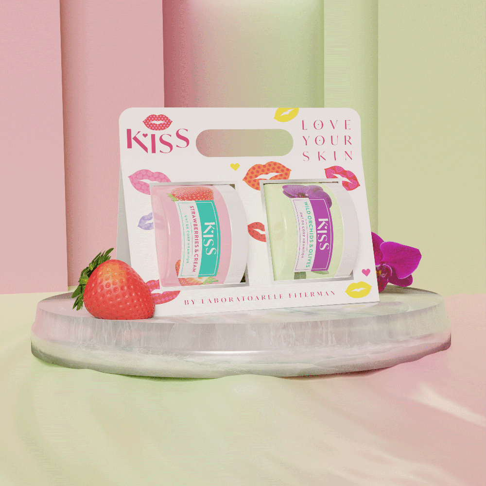 KISS Pachet: 1 x Unt de corp Kiss Strawberries & Cream 150 ml si 1 x Unt de corp Kiss Wild Orchids & Olives 150 ml