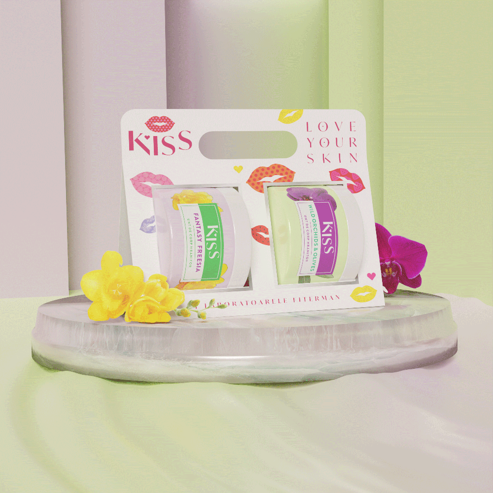 KISS Pachet: 1 x Unt de corp Kiss Wild Orchids & Olives 150 ml si 1 x Unt de corp Kiss Fantasy Freesia 150 ml