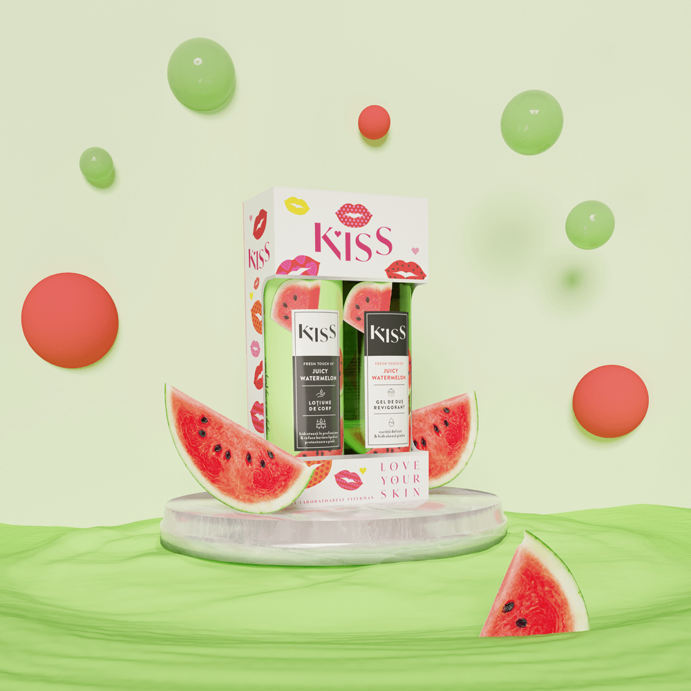 KISS Pachet special Juicy Watermelon: 1 x Gel de dus 250 ml si 1 x Lotiune de corp 250 ml