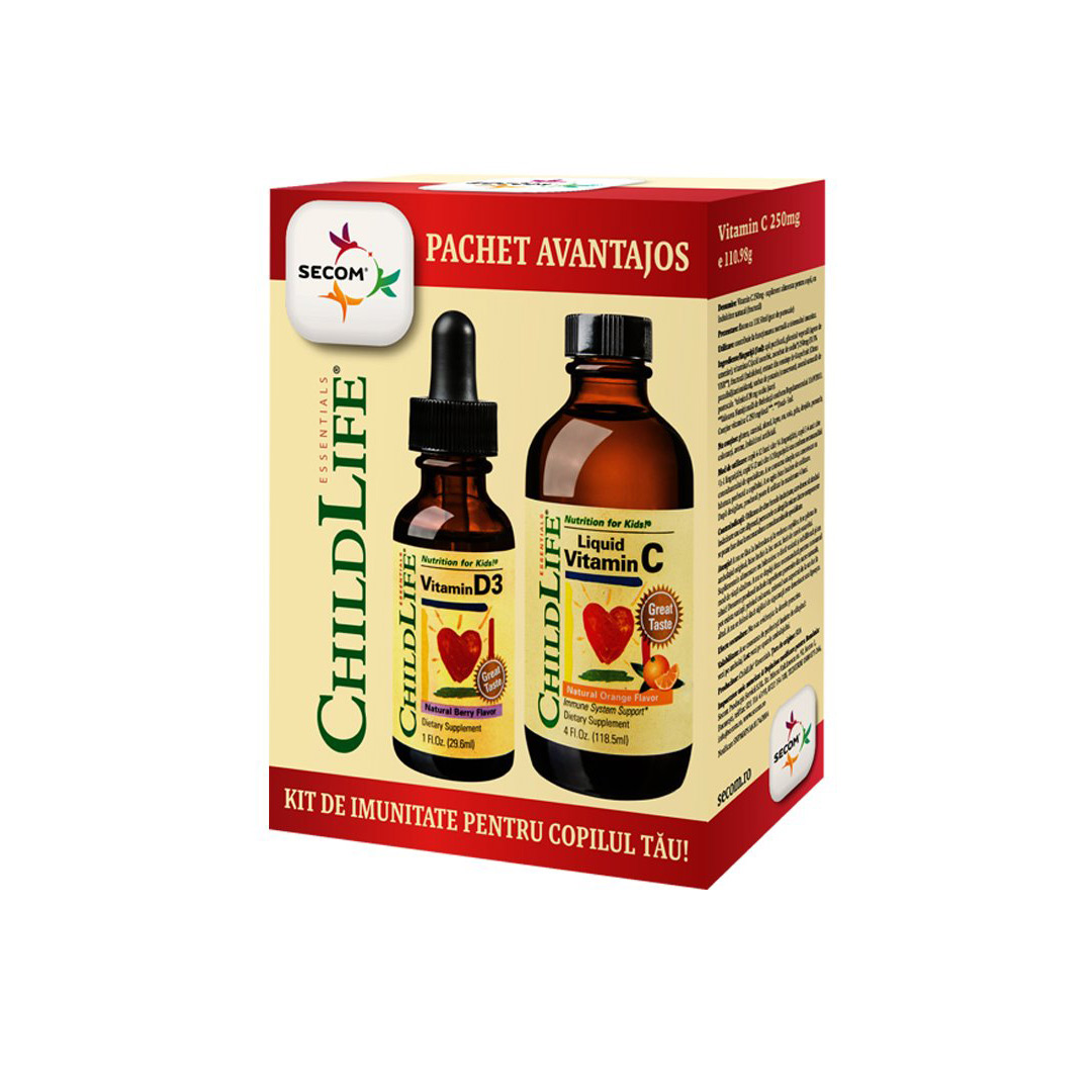 Kit de imunitate pentru copii Vitamin C ChildLife, 118.5 ml + Vitamin D3 ChildLife, 29.60 ml, Secom