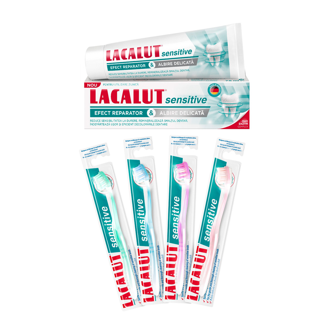 Lacalut sensitive whitening pasta dinti, 75 ml + Periuta Action Cadou