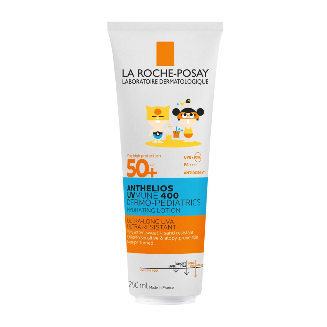 Lapte hidratant cu protectie solara potrivit pentru pielea sensibila a copiilor Anthelios UVMUNE 400 Dermo-Pediatrics Lotiune Hidratanta SPF50+, 250 ml, La Roche Posay