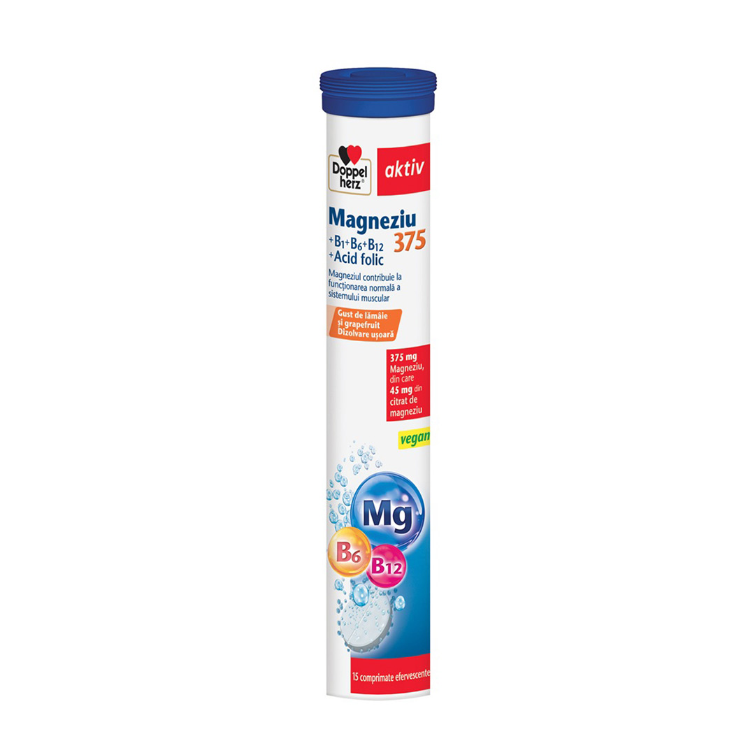 Magneziu 375+B1+B6+B12+Acid Folic, 15 comprimate efervescente, Doppelherz