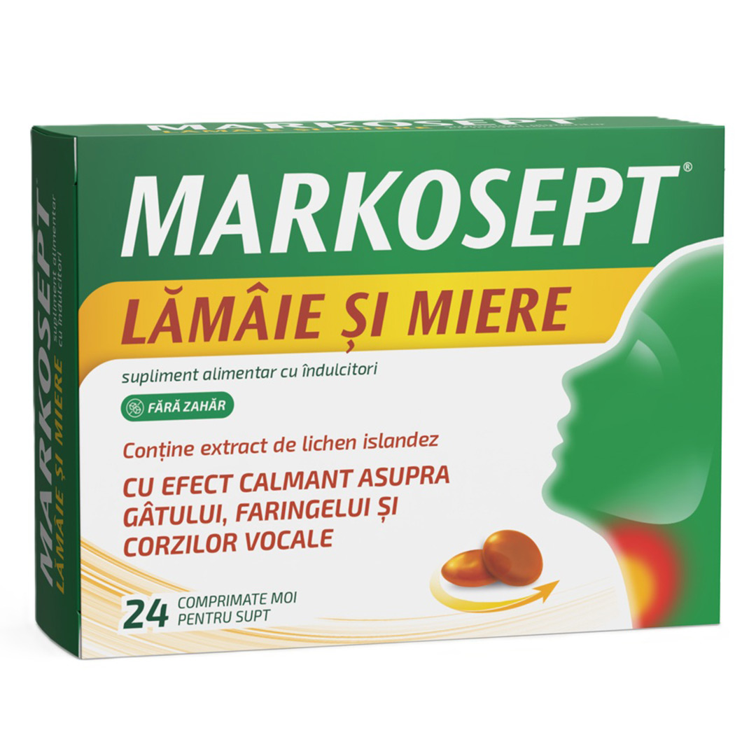 Markosept cu aroma de lamaie si miere, 24 comprimate moi pentru supt, Fiterman Pharma