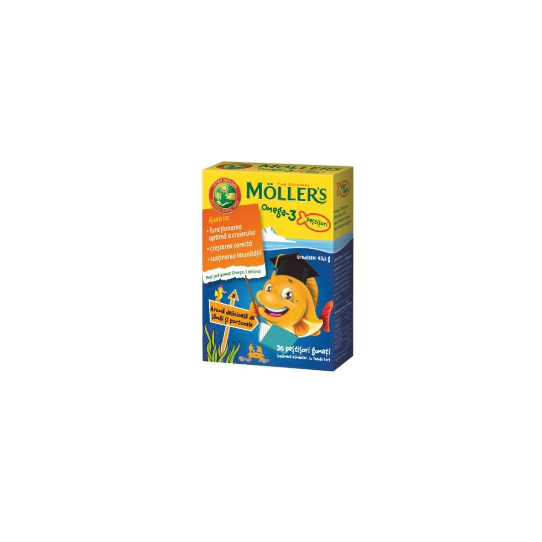 Pestisori gumati cu Omega-3 si aroma de lamai si portocale, 36 jeleuri, Moller's 