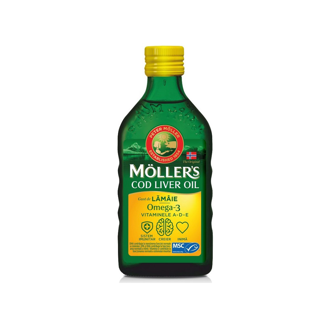 Omega 3 ulei ficat de cod cu aroma de lamaie, 250 ml, Moller's