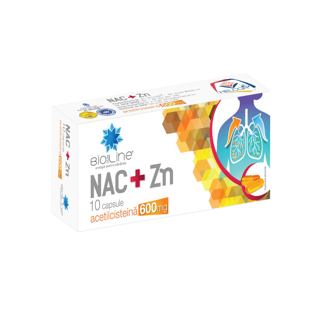 NAC+Zn 600 mg Acetilcisteina cu vitamina C Bioline, 10 capsule, Helcor