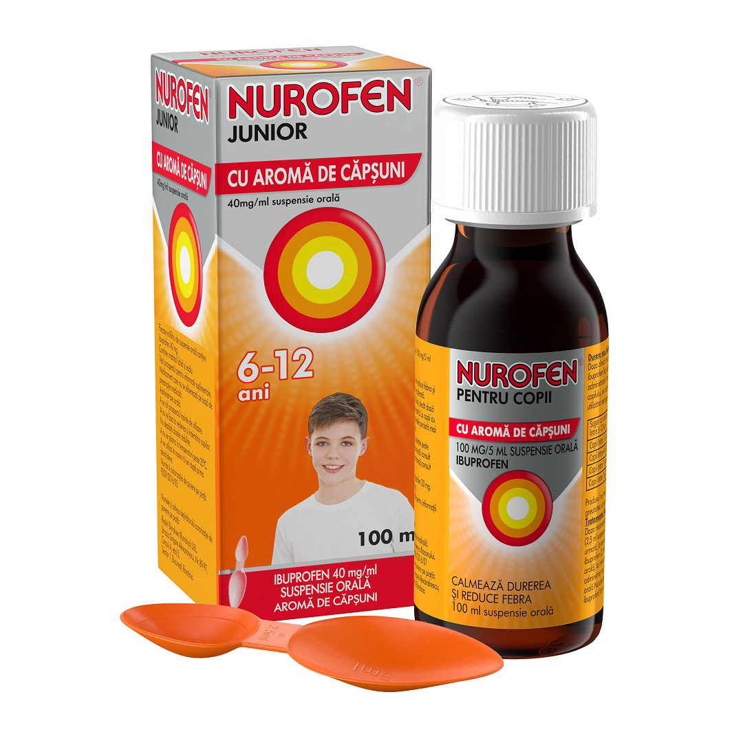 Nurofen Junior cu aroma de capsuni, 6-12 ani, 40mg/ml, 100 ml, Reckitt Benckiser Healthcare
