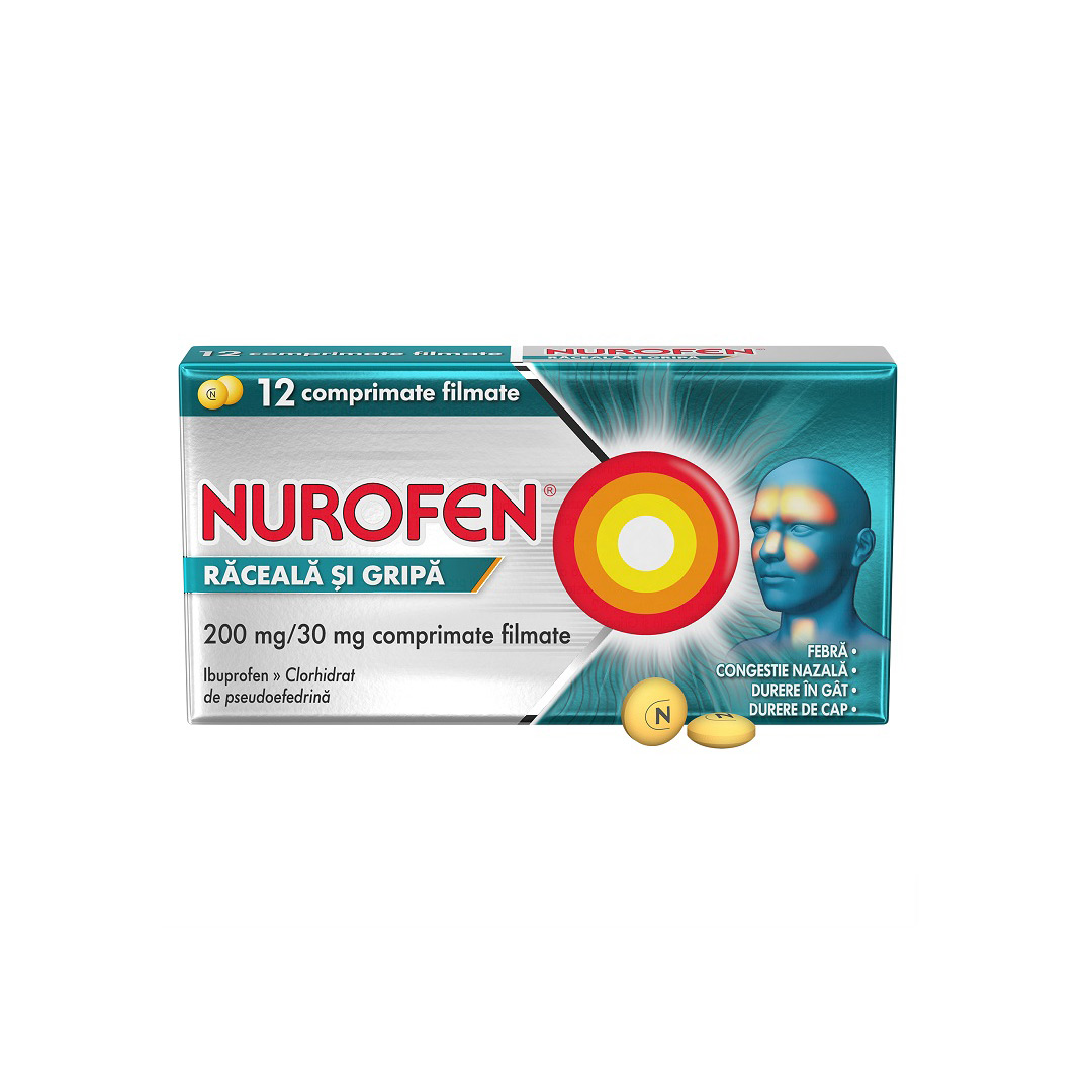 Nurofen raceala si gripa, 200 mg/30 mg, 12 comprimate filmate, Reckitt Benckiser
