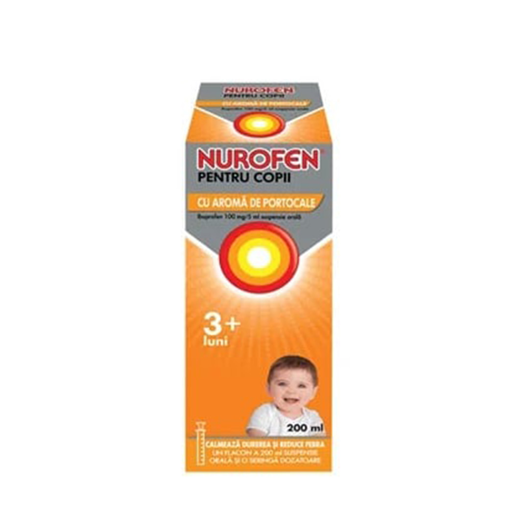 Nurofen sirop 100mg/5ml cu aroma de portocale pentru copii 3 luni+, 200 ml, Reckitt