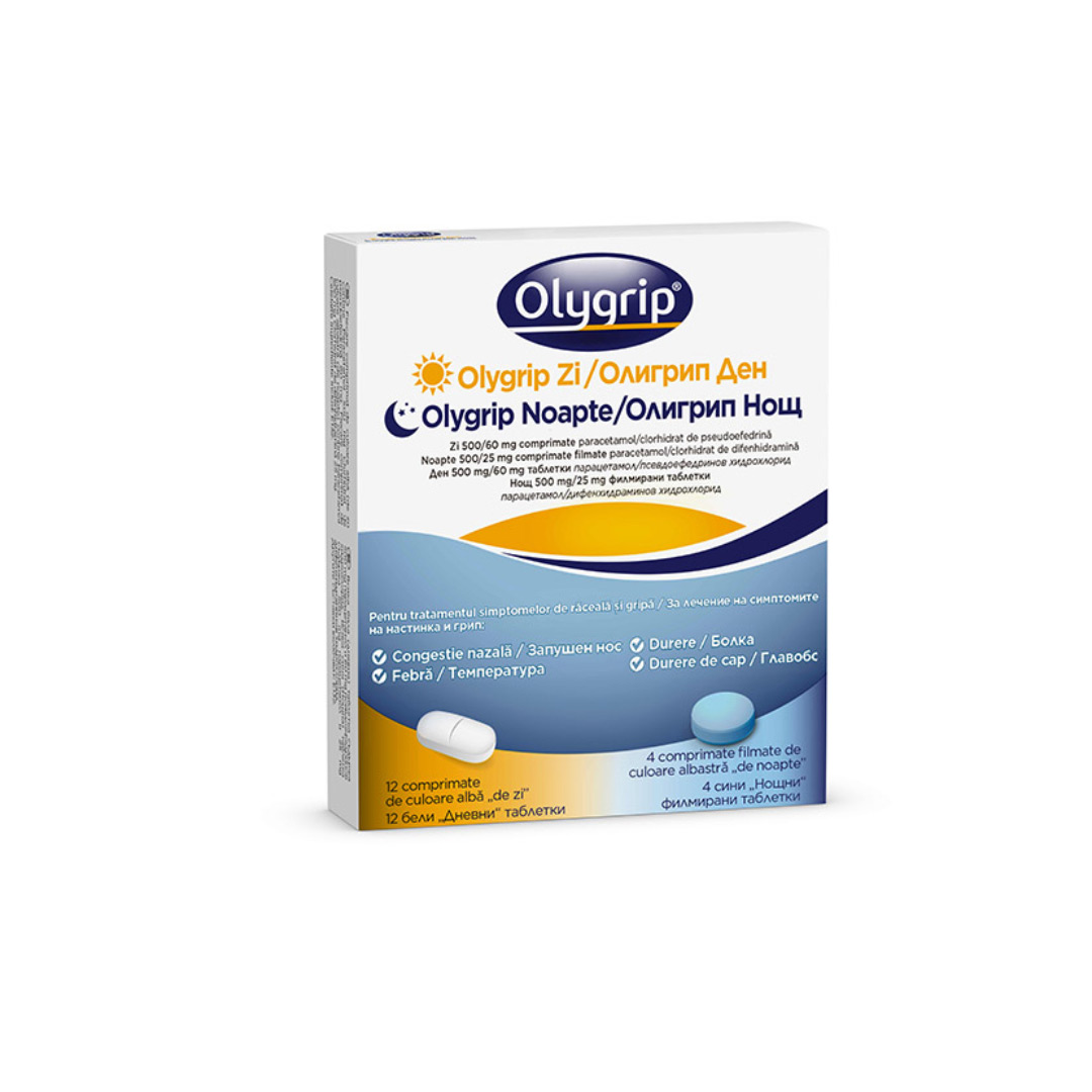Olygrip Zi 500/60mg +Olygrip Noapte 500/25mg, 500/25mg, 12 comprimate + 4 comprimate filmate, McNeil