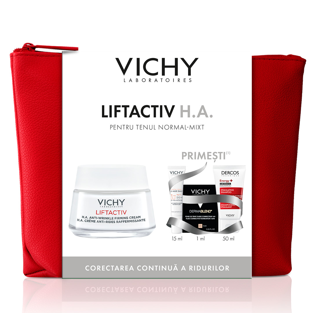 Pachet Crema antirid ten normal-mixt Liftactiv HA, 50 ml + Fluid cu SPF 50+ Capital Soleil, 15 ml + Fond de ten Dermablend, 25 Nude, 1 ml + Sampon Aminexil Dercos, 50 ml, Vichy