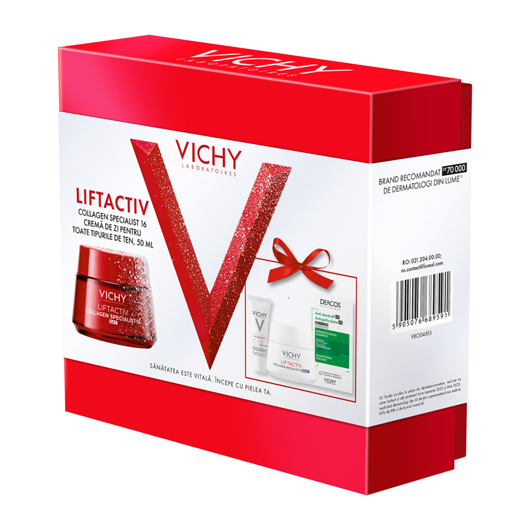 Pachet: Crema de zi Liftactiv Collagen Specialist 16, 50 ml + Crema de noapte Liftactiv Collagen Specialist 16, 15 ml + Fluid cu SPF 50+ Capital Soleil, 3 ml + Sampon anti-matreata Dercos, 6 ml, Vichy