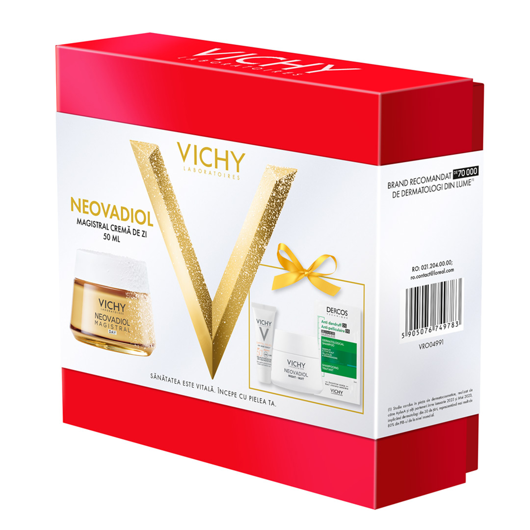 Pachet: Crema de zi Novadiol Magistral, 50 ml + Crema de noapte Neovadiol Magistral, 15 ml + Fluid cu SPF 50+ Capital Soleil, 3 ml + Sampon anti-matreata Dercos, 6 ml, Vichy