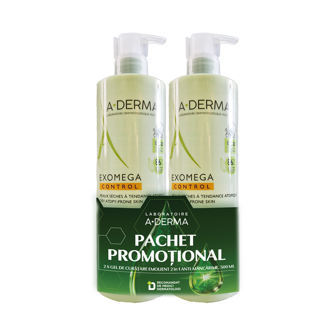 Pachet: Gel de dus emoliant 2 in 1 Exomega Control, 500 + 500 ml, A-Derma